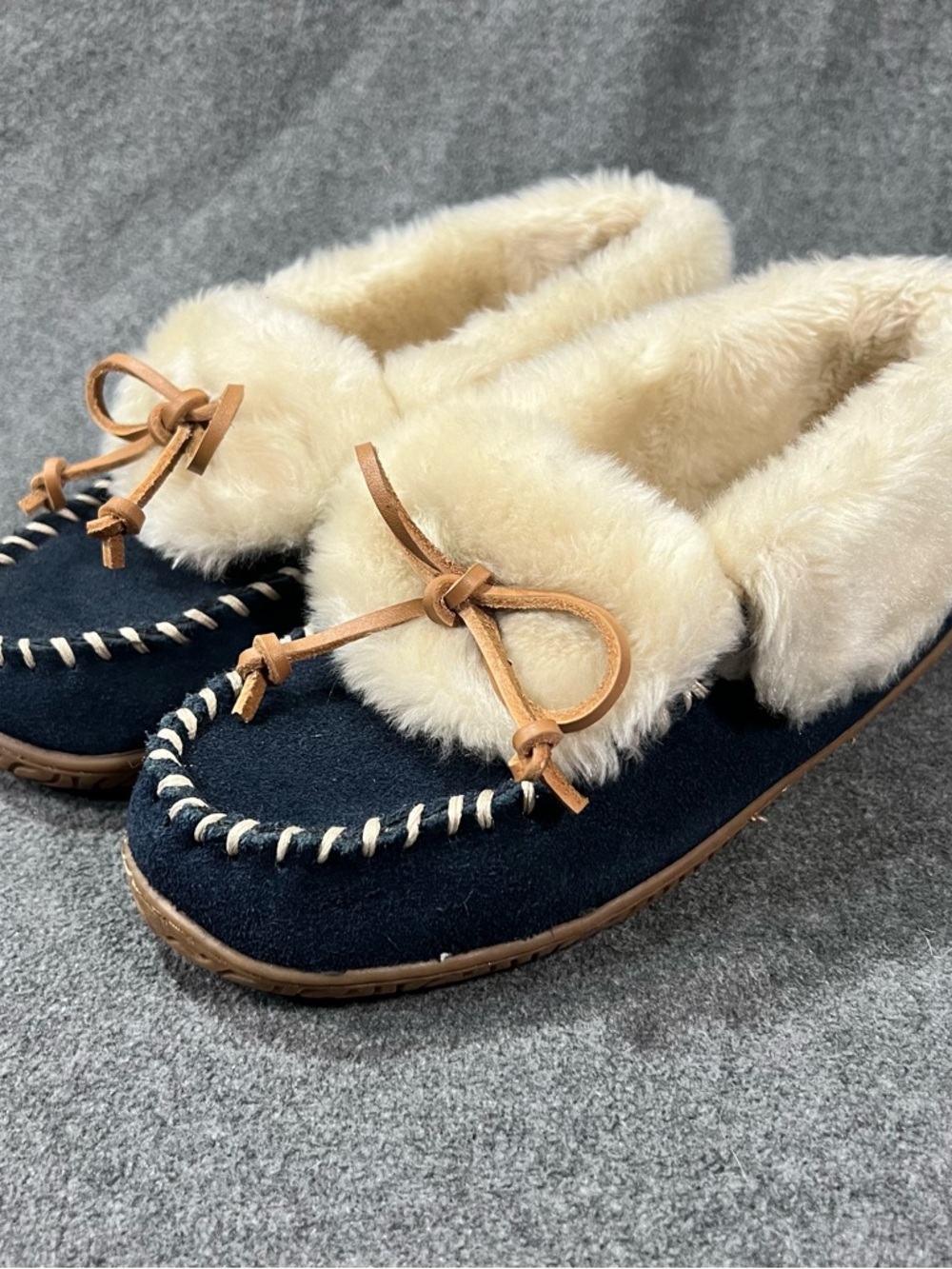 Sperry Top Sider Navy Suede Paige Slippers Faux Fur Lined Moccasins Size 6